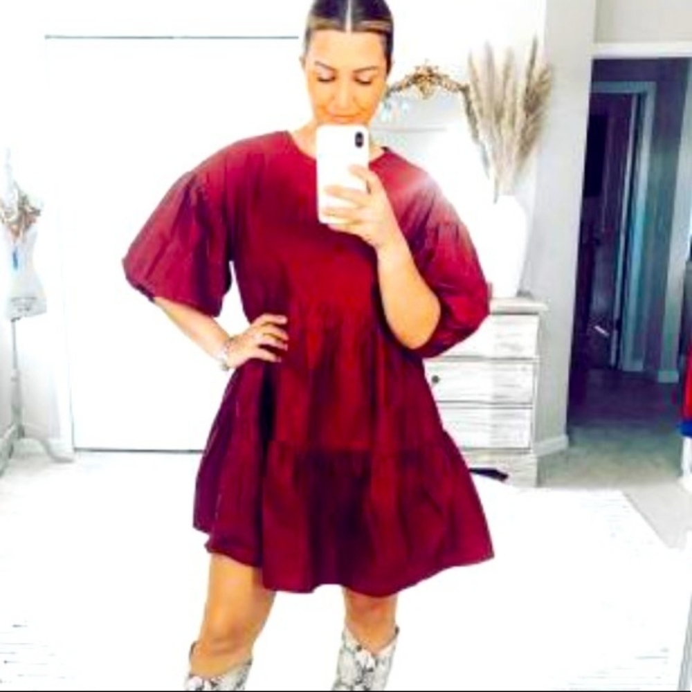Target A New Day Burgandy Puff Sleeve Tiered Babydoll Mini Dress Large